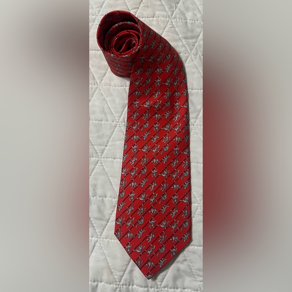 Hermes Paris Dangling Monkey Tie Silk Red Burgundy Stripes Grey Monkey-61 in XL - Picture 1 of 4